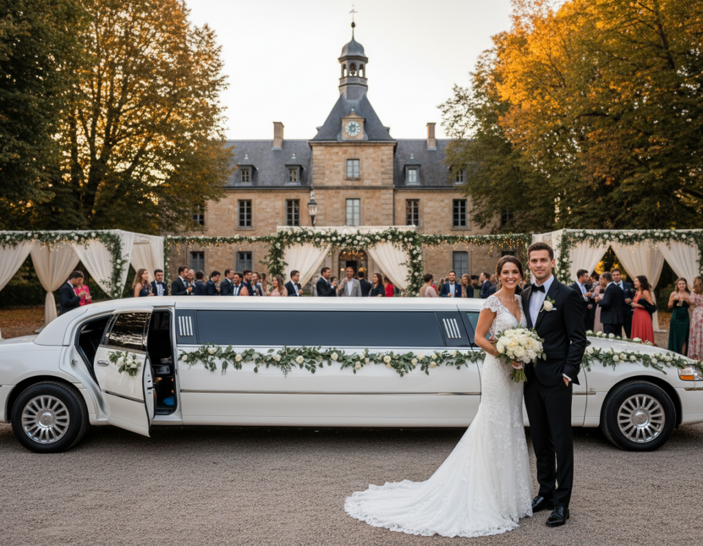 A luxurious limousine parked elegantly outside a beautiful wedding venue, adorned with floral decorations and soft twinkling lights. In the foreground, a cheerful couple in formal attire, the bride in a stunning white gown with delicate lace details and the groom in a classic black suit, stand beside the limousine, smiling joyfully. In the middle ground, a charming outdoor setting is filled with guests enjoying the celebration, all dressed in stylish evening wear. In the background, the venue is a historic building with grand architecture, illuminated by golden sunset light, creating a romantic atmosphere. The scene captures the essence of a perfect wedding day, evoking feelings of joy and sophistication. Shot with a wide-angle lens to encompass the grandness of the moment, with warm, soft lighting enhancing the celebratory mood.