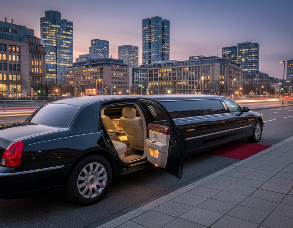 A luxurious, sleek black limousine parked elegantly in an urban setting, showcasing its glossy exterior and refined details like chrome accents and tinted windows. In the foreground, an open chauffeur's door invites a sense of opulence, while the interior is visible, featuring plush leather seating and ambient lighting that hints at comfort and sophistication. In the middle ground, a stylish cityscape of NRW, with modern buildings and soft evening lights, sets the luxurious ambiance. The background includes a dusky sky transitioning into twilight, enhancing the mood of exclusivity and prestige. Lighting is soft and diffused, capturing the elegance of the scene without harsh contrasts. The overall atmosphere is inviting, emphasizing the VIP experience that comes with a limousine ride.
