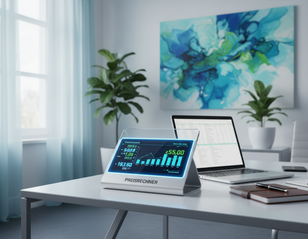 A professional setting showcasing a "preisrechner" (cost calculator) prominently displayed on a sleek, modern desk. The foreground features the calculator with a digital screen showing attractive pricing options, illuminated by soft LED lighting, emphasizing clarity. In the middle ground, a stylish laptop and notepad are arranged neatly, conveying a business-focused atmosphere. The background features a minimalist office space with subtle decorations like abstract art and plants, creating a sense of tranquility and professionalism. The lighting is bright and airy, enhancing the mood of transparency and trust. The overall color scheme should incorporate blues and greens to evoke a sense of reliability and calm, perfect for illustrating pricing without hidden costs.