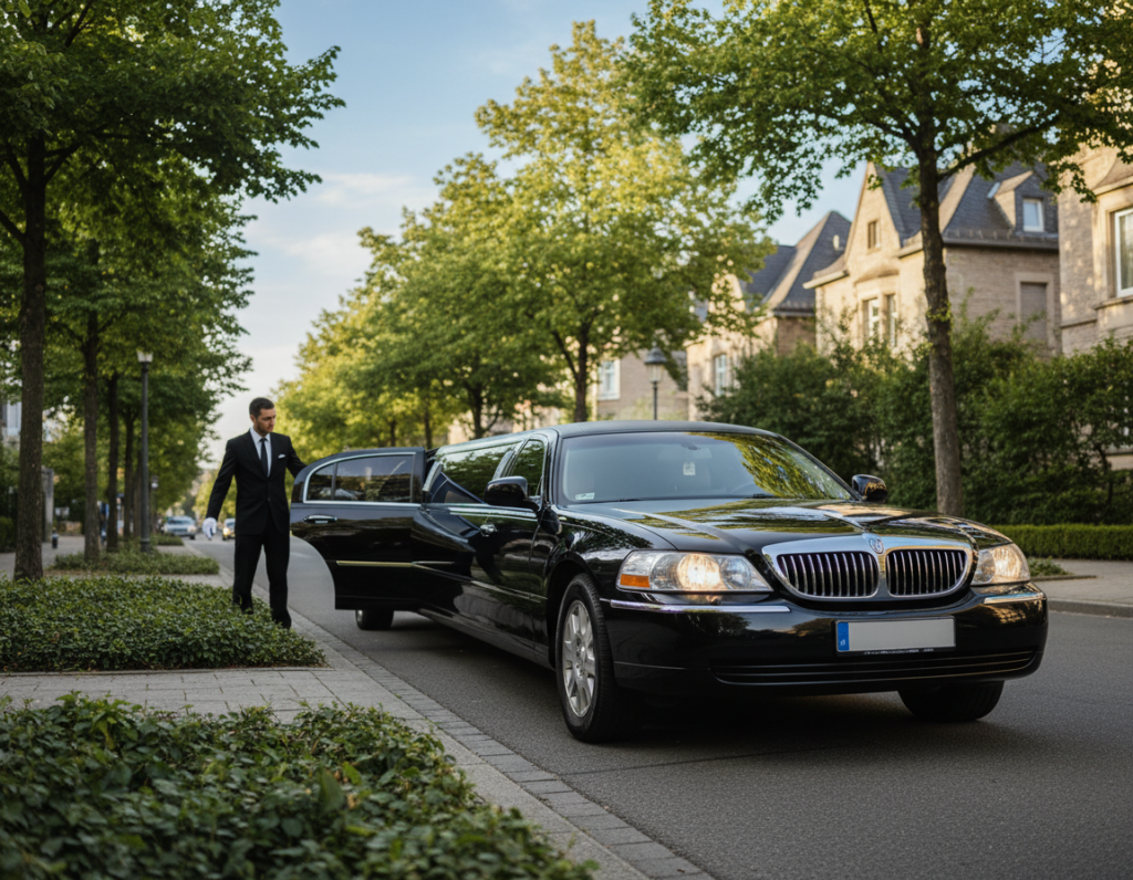A sleek, polished stretch limousine parked elegantly on a scenic, tree-lined street in North Rhine-Westphalia. The vehicle’s gleaming black exterior reflects soft, golden sunlight, highlighting its luxurious lines and long silhouette. In the foreground, a well-dressed chauffeur in a black suit stands beside the open door, ready to welcome passengers. The middle ground features vibrant greenery and well-maintained sidewalks, adding to the upscale atmosphere. In the background, the soft-focus outlines of charming city architecture enhance the setting, evoking feelings of sophistication and exclusivity. Capture the image from a low angle to emphasize the limousine's grandeur against the clear blue sky. The overall mood is one of luxury and elegance, ideal for showcasing VIP transportation.