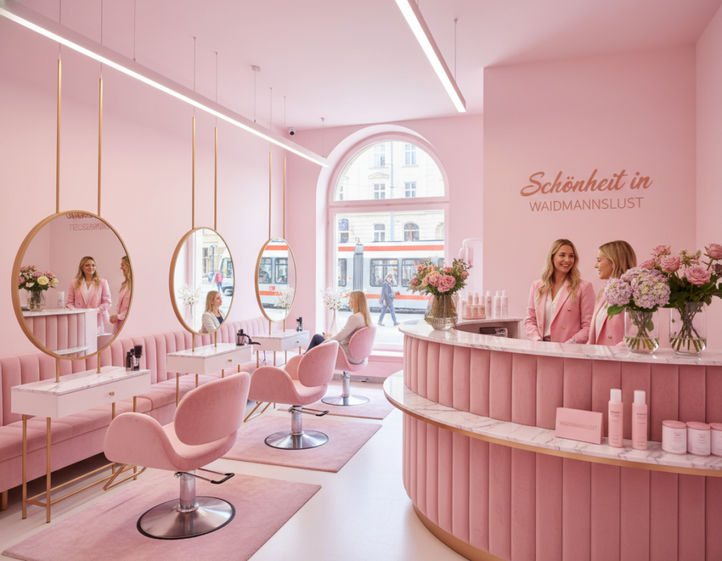 A stylish pink beauty salon in Waidmannslust, Berlin, exuding a chic and inviting atmosphere. In the foreground, a plush pink reception desk adorned with flowers and beauty products. To the left, elegant salon stations with large mirrors and modern styling chairs, all in various shades of pink. A soothing, pastel pink color palette dominates the space, creating a warm and welcoming vibe. Soft, diffused lighting illuminates the room, enhancing the salon’s brightness. In the background, large windows reveal a glimpse of the vibrant Berlin street, adding a hint of urban charm. The scene captures a sense of relaxation and luxury, perfect for beauty enthusiasts. Please ensure all human subjects, if present, are dressed in professional business attire.