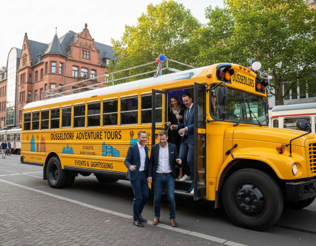 A vibrant US school bus designed for sightseeing and events, parked on a lively street in Düsseldorf. The foreground features the bus's colorful exterior, showcasing bright graphics and festive decorations. In the middle, a diverse group of adults in professional business attire and modest casual clothing are excitedly boarding the bus, laughing and exchanging smiles. The background displays iconic Düsseldorf architecture and lush trees along the bustling street. The scene is illuminated by warm, golden sunlight, creating a cheerful atmosphere. Capture the image from a slight low angle to emphasize the bus’s prominence against the skyline, with a dynamic, inviting vibe that suggests a fun adventure awaits.