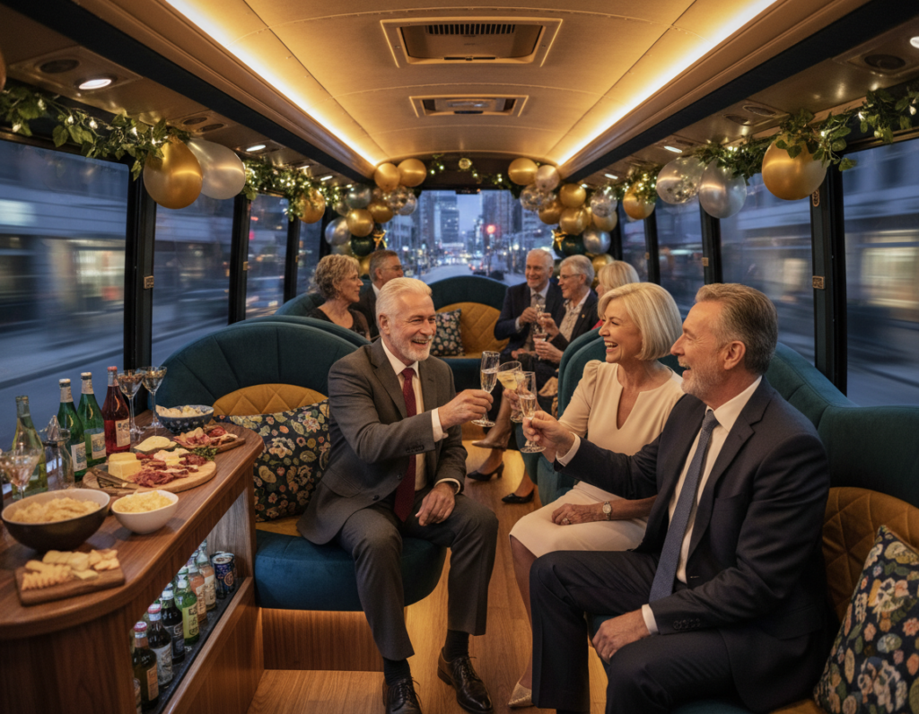 A vibrant and lively interior of a party bus designed for adults and seniors. The scene features comfortably arranged seating with colorful cushions, elegant lighting illuminating the space, and a refreshment area stocked with drinks and snacks. The atmosphere is festive and inviting, with cheerful decorations reflecting a party theme. In the foreground, a diverse group of mature adults in professional business attire enjoy a toast, smiling and chatting. In the middle, soft ambient lighting creates a warm glow, enhancing the relaxed yet celebratory mood. The background shows large windows with city lights passing by, emphasizing the sense of movement and adventure as the bus travels through the night. The image captures a joyful and inclusive celebration on wheels.