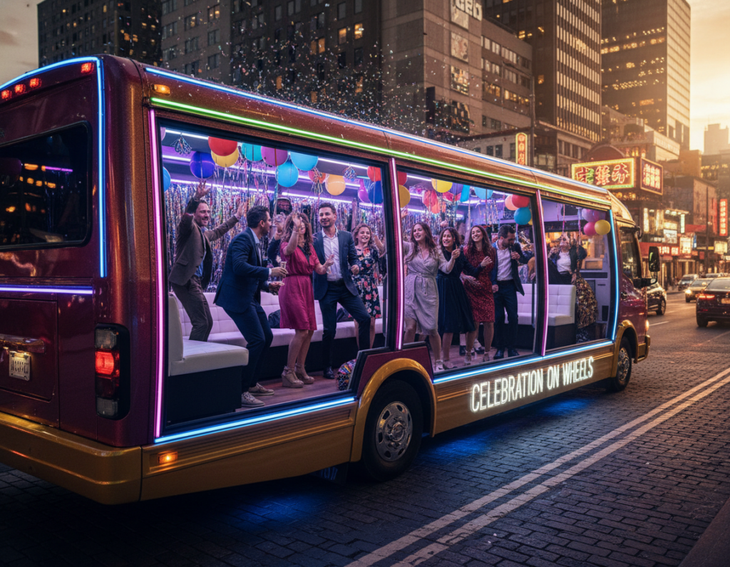 A vibrant and lively scene showcasing a stylish party bus parked in an urban setting, symbolizing the ultimate celebration experience. In the foreground, the bus is adorned with colorful LED lights, clear windows revealing a modern interior filled with party decorations like balloons and streamers. In the middle, a diverse group of people, dressed in smart casual attire, are seen enjoying themselves—some dancing, others chatting, all exuding joy and excitement. The background features a bustling city street with nightlife elements like neon signs and city lights. Soft, warm lighting casts a friendly glow over the scene, enhancing the festive atmosphere. The angle captures the bus from a slightly elevated perspective, emphasizing its grandeur and inviting nature. The overall mood is celebratory, showcasing the party bus as a perfect venue for gatherings of all ages.