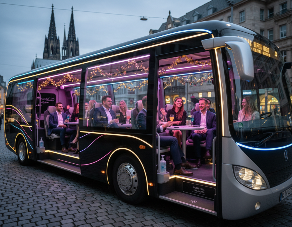 A vibrant and stylish party bus parked in a lively urban setting in Cologne, Germany. The foreground features the sleek exterior of the bus, showcasing its colorful lights and modern design. Inside, visible through the large windows, professional patrons in smart casual attire are seated comfortably, enjoying refreshments and laughter, reflecting a joyous yet responsible atmosphere. The middle ground displays elements of a festive yet organized environment, with interior decorations that adhere to safety regulations. In the background, the iconic Cologne skyline is subtly blurred, emphasizing the party bus's location. Warm, inviting lighting sets a cheerful mood, while the angle captures both the stylish interior and the glamorous exterior, illustrating safety, seriousness, and rules in a fun party atmosphere. No text, logos, or identifying features present. A vibrant and stylish party bus parked in a lively urban setting in Cologne, Germany. The foreground features the sleek exterior of the bus, showcasing its colorful lights and modern design. Inside, visible through the large windows, professional patrons in smart casual attire are seated comfortably, enjoying refreshments and laughter, reflecting a joyous yet responsible atmosphere. The middle ground displays elements of a festive yet organized environment, with interior decorations that adhere to safety regulations. In the background, the iconic Cologne skyline is subtly blurred, emphasizing the party bus's location. Warm, inviting lighting sets a cheerful mood, while the angle captures both the stylish interior and the glamorous exterior, illustrating safety, seriousness, and rules in a fun party atmosphere. No text, logos, or identifying features present.