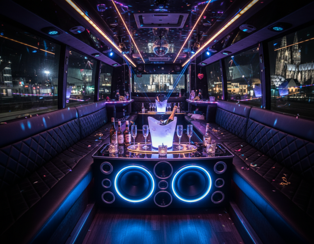 A vibrant interior of a party bus designed for a bachelor party, showcasing stylish seating arrangements with plush leather upholstery and colorful LED lighting accentuating the mood. In the foreground, a well-equipped sound system with speakers and a subwoofer; the middle features a bar area stocked with drinks and glasses, exuding a celebratory atmosphere. The background displays large windows with city lights of Cologne visible at night, creating an exciting urban vibe. The setting is illuminated by dynamic light effects, enhancing the lively ambiance. A wide-angle perspective captures both the energy and comfort, inviting the viewer into a fun and exciting experience, embodying the perfect party bus vibes. A vibrant interior of a party bus designed for a bachelor party, showcasing stylish seating arrangements with plush leather upholstery and colorful LED lighting accentuating the mood. In the foreground, a well-equipped sound system with speakers and a subwoofer; the middle features a bar area stocked with drinks and glasses, exuding a celebratory atmosphere. The background displays large windows with city lights of Cologne visible at night, creating an exciting urban vibe. The setting is illuminated by dynamic light effects, enhancing the lively ambiance. A wide-angle perspective captures both the energy and comfort, inviting the viewer into a fun and exciting experience, embodying the perfect party bus vibes.