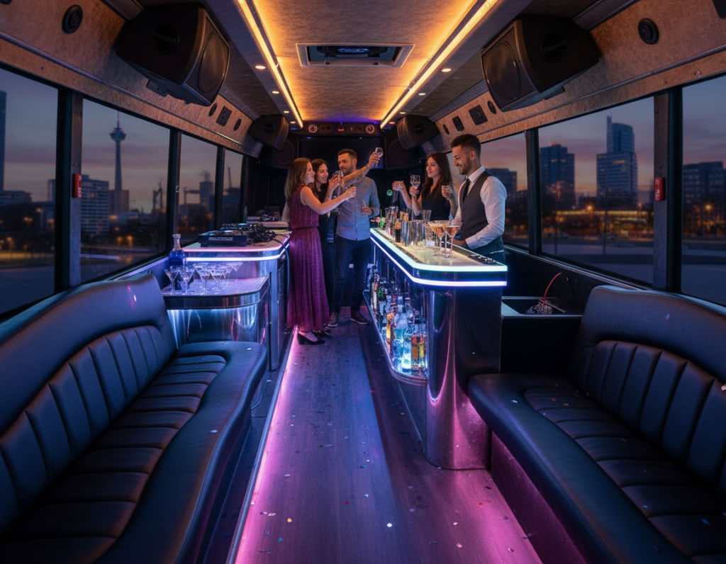 A vibrant party bus interior showcasing luxurious amenities and a lively atmosphere. In the foreground, plush leather seating with colorful LED lights illuminating the space, creating an inviting and energetic vibe. In the middle ground, a sleek bar area stocked with drinks and a modern sound system with speakers mounted on the walls, perfect for a fun outing. The background features large windows revealing glimpses of Düsseldorf's iconic skyline, subtly blurred to emphasize the bus's interior. Soft, warm lighting enhances the festive mood, while the angle looks down the length of the bus, highlighting the spacious layout. The scene reflects a dynamic and cheerful environment, suitable for a sightseeing tour.