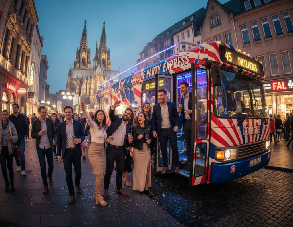 A vibrant scene depicting a stylish US party bus parked in a lively area of Cologne, Germany, surrounded by bustling nightlife. In the foreground, the bus showcases its sleek exterior with striking colors and party-themed decorations. Friends dressed in professional attire and modest casual clothing can be seen joyfully entering the bus, capturing the excitement of a bachelor party. The middle ground features illuminated streetlights and lively urban architecture, enhancing the festive atmosphere. In the background, the iconic Cologne Cathedral can be subtly seen, bathed in warm evening light. The overall mood is celebratory and lively, with a hint of adventure, shot at eye level using a wide-angle lens to emphasize the bus and its energetic surroundings. A vibrant scene depicting a stylish US party bus parked in a lively area of Cologne, Germany, surrounded by bustling nightlife. In the foreground, the bus showcases its sleek exterior with striking colors and party-themed decorations. Friends dressed in professional attire and modest casual clothing can be seen joyfully entering the bus, capturing the excitement of a bachelor party. The middle ground features illuminated streetlights and lively urban architecture, enhancing the festive atmosphere. In the background, the iconic Cologne Cathedral can be subtly seen, bathed in warm evening light. The overall mood is celebratory and lively, with a hint of adventure, shot at eye level using a wide-angle lens to emphasize the bus and its energetic surroundings.