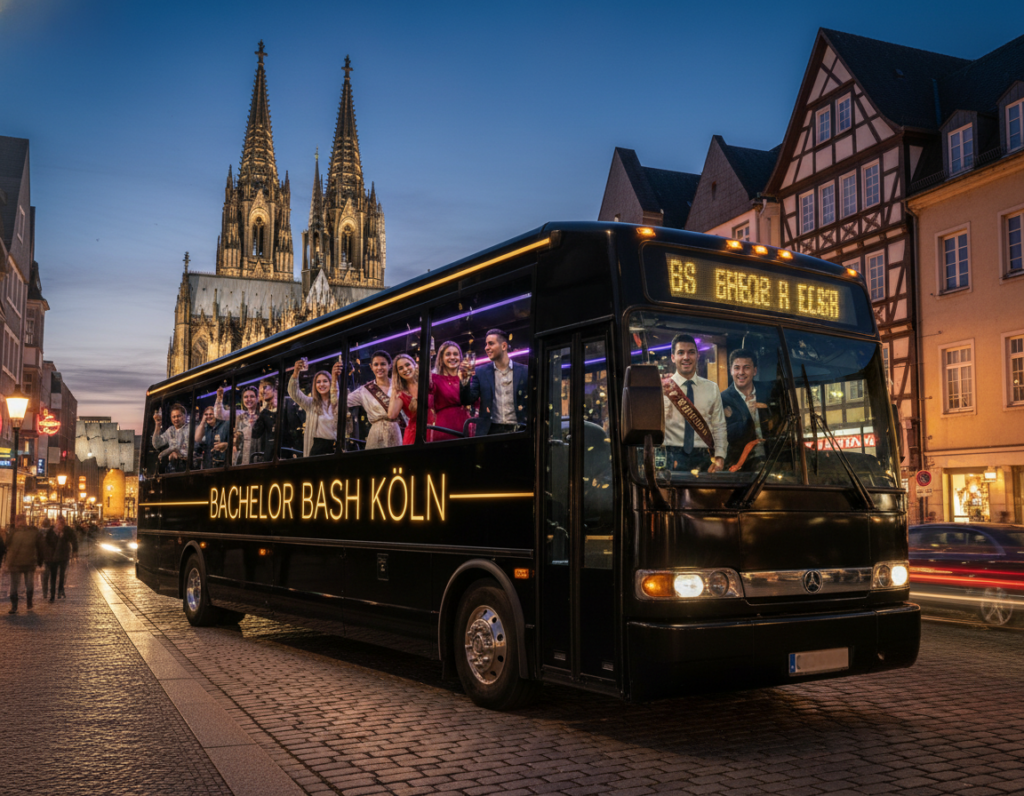 A vibrant scene depicting a stylish US party bus parked in a lively area of Köln, Germany, vividly showcased for a bachelor party atmosphere. In the foreground, the sleek exterior of the bus shines under warm evening lights, reflecting the excitement of the occasion. The bus's windows reveal a cheerful group of young adults dressed in smart casual attire, enjoying the festive environment. In the middle ground, iconic Cologne architecture, such as the Cologne Cathedral, adds cultural depth, bathed in the soft glow of twilight. The background features city nightlife, with blurred lights hinting at bustling streets filled with energy. The image conveys a celebratory, joyful mood, with a focus on fun and camaraderie, captured from a dynamic angle that showcases both the bus and the vibrant setting. A vibrant scene depicting a stylish US party bus parked in a lively area of Köln, Germany, vividly showcased for a bachelor party atmosphere. In the foreground, the sleek exterior of the bus shines under warm evening lights, reflecting the excitement of the occasion. The bus's windows reveal a cheerful group of young adults dressed in smart casual attire, enjoying the festive environment. In the middle ground, iconic Cologne architecture, such as the Cologne Cathedral, adds cultural depth, bathed in the soft glow of twilight. The background features city nightlife, with blurred lights hinting at bustling streets filled with energy. The image conveys a celebratory, joyful mood, with a focus on fun and camaraderie, captured from a dynamic angle that showcases both the bus and the vibrant setting.