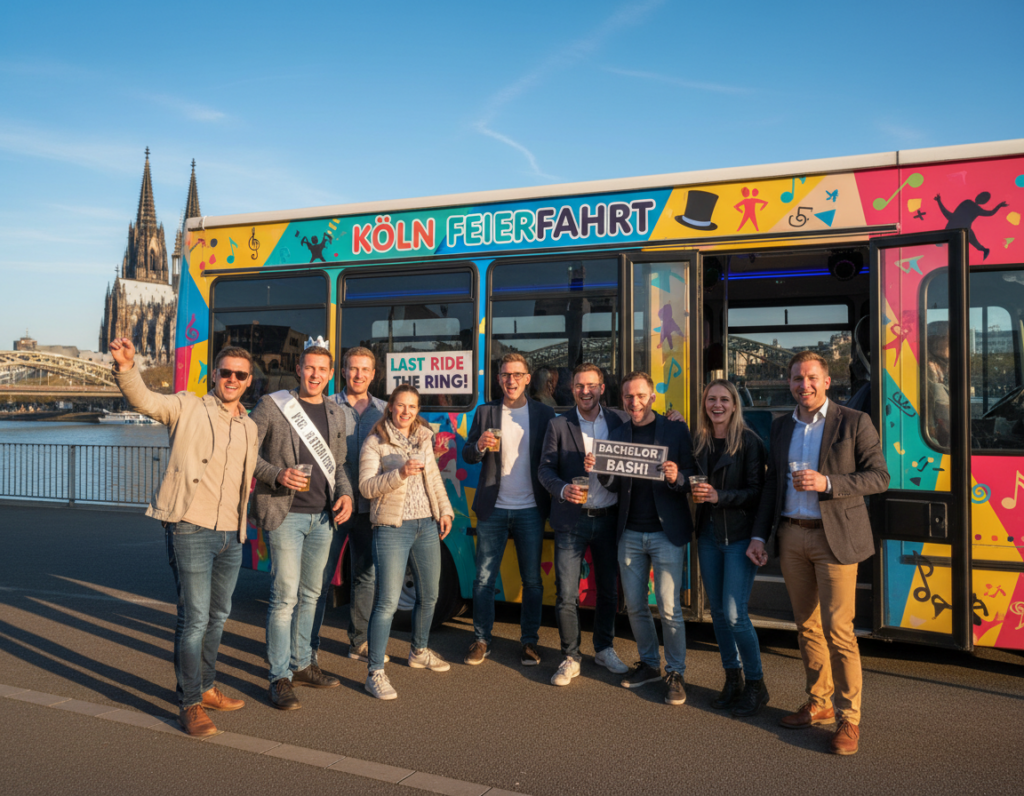 A vibrant scene featuring a US-style party bus in Köln, showcasing its lively exterior wrapped in bright colors and fun graphics. In the foreground, the bus is parked with open doors, inviting guests to step inside. The middle ground captures a group of joyful individuals in modest casual clothing, laughing and enjoying the moment as they prepare to celebrate a bachelor party. Set against the iconic Köln skyline, including the famous Cologne Cathedral in the background under a clear blue sky. The image is bathed in warm, natural lighting, creating an energetic and festive atmosphere. The angle is dynamic, emphasizing the bus and its passengers while capturing the spirit of celebration and camaraderie. A vibrant scene featuring a US-style party bus in Köln, showcasing its lively exterior wrapped in bright colors and fun graphics. In the foreground, the bus is parked with open doors, inviting guests to step inside. The middle ground captures a group of joyful individuals in modest casual clothing, laughing and enjoying the moment as they prepare to celebrate a bachelor party. Set against the iconic Köln skyline, including the famous Cologne Cathedral in the background under a clear blue sky. The image is bathed in warm, natural lighting, creating an energetic and festive atmosphere. The angle is dynamic, emphasizing the bus and its passengers while capturing the spirit of celebration and camaraderie.