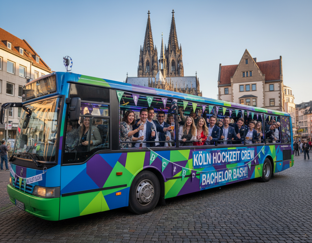 A vibrant scene featuring a stylish party bus parked in the bustling streets of Cologne, Germany, filled with a joyful group of people in smart casual attire, representing a celebratory atmosphere. In the foreground, focus on the party bus, decorated with colorful lights and banners, showcasing its spacious interior through large windows. In the middle, the group of diverse individuals, both men and women, are animatedly engaging with one another, holding drinks and laughing, embodying the spirit of a bachelor party. The background features iconic German architecture and street life, under a clear blue sky. The lighting is warm and inviting, casting soft shadows, enhancing the joyous mood. The angle should be slightly elevated, capturing the scene from an enticing perspective, highlighting the scale of the party bus and the excitement of the people inside. A vibrant scene featuring a stylish party bus parked in the bustling streets of Cologne, Germany, filled with a joyful group of people in smart casual attire, representing a celebratory atmosphere. In the foreground, focus on the party bus, decorated with colorful lights and banners, showcasing its spacious interior through large windows. In the middle, the group of diverse individuals, both men and women, are animatedly engaging with one another, holding drinks and laughing, embodying the spirit of a bachelor party. The background features iconic German architecture and street life, under a clear blue sky. The lighting is warm and inviting, casting soft shadows, enhancing the joyous mood. The angle should be slightly elevated, capturing the scene from an enticing perspective, highlighting the scale of the party bus and the excitement of the people inside.